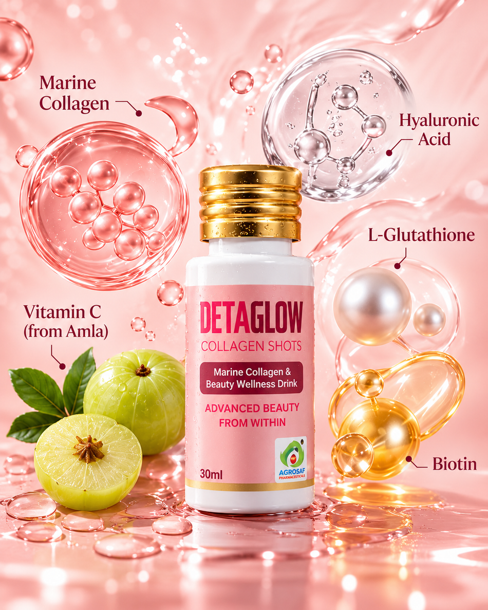 Agrosaf DETAGLOW Marine Collagen Shots with Marine Collagen, Hyaluronic Acid, Glutathione, Biotin & Vitamin C – 6 × 30 ml